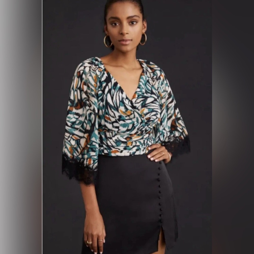 By Anthropologie V-Neck Lace Trim Floral Print Wrap Top Blouse Black/Teal Small